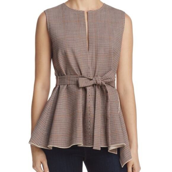 Theory Brown Plaid Wool Belted Peplum Waist Tie Top - Picture 3 of 8